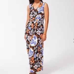 Chico’s Floral Pleat Front Cartegena Maxi Dress Pattern Black Size 2 Nwt